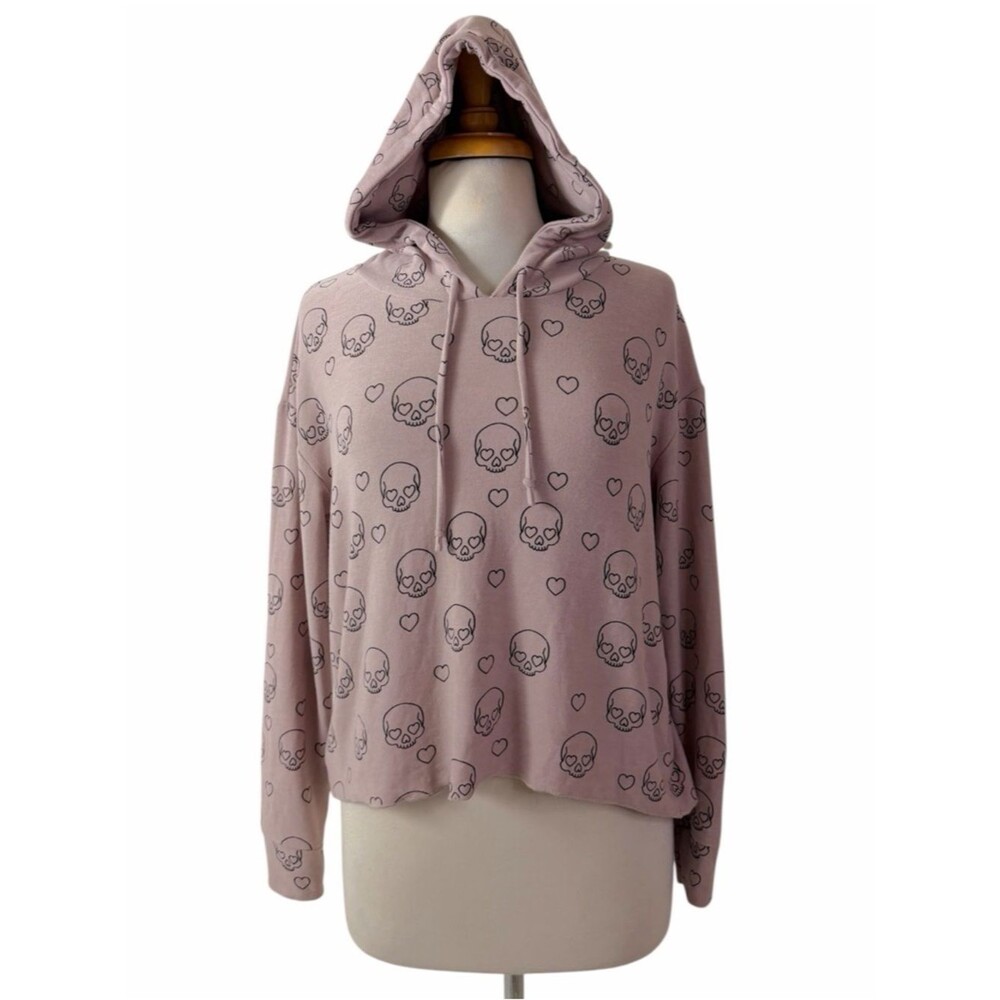 Chaser Skull Heart Graphic Cropped Hoodie Mauve Pink Black Pullover Small
